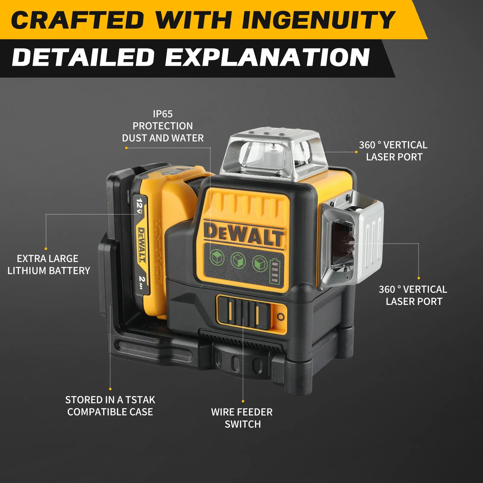 Dewalt DW089LG 12V lithiumgroene laserwaterpas - 3-zijdig 360 °   Verticaal en horizontaal, 12-regelig, ideaal voor binnen- en buitenprojecten