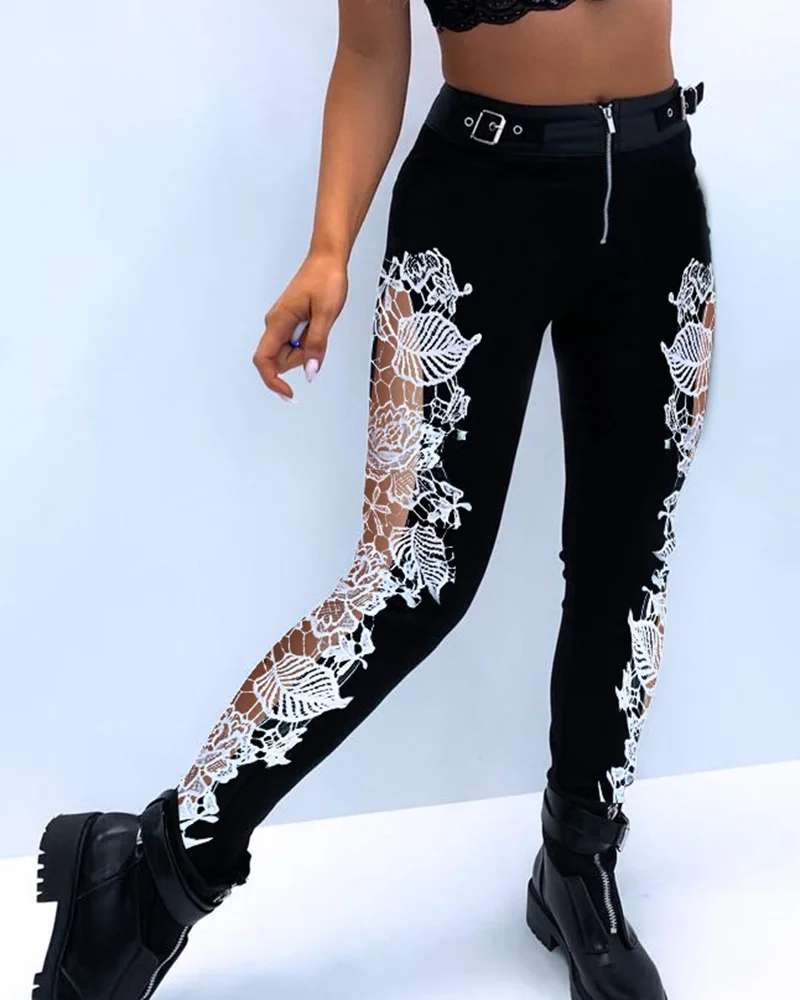 Summer Pants Women\'s Night Out Skinny Trousers Fashion Eyelet Buckled Semi-Sheer Sheer Mesh Patchwork Zipper Design Sweatpants