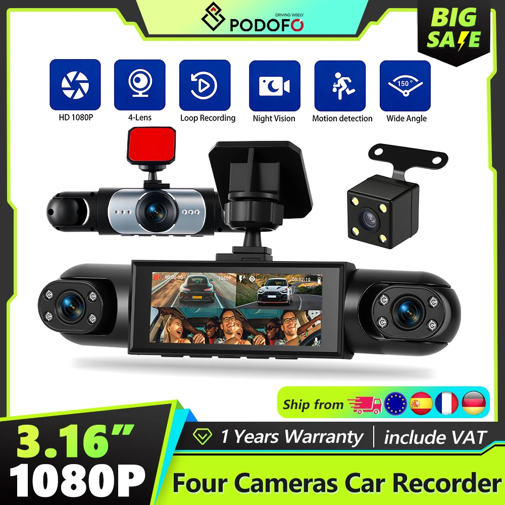 Podofo 3,16'' Dashcam mit vier HD-Objektiven, Bewegungserkennung, Auto-DVR, mehrsprachiger Auto-Videorekorder 150 °   Großer Betrachtungswinkel