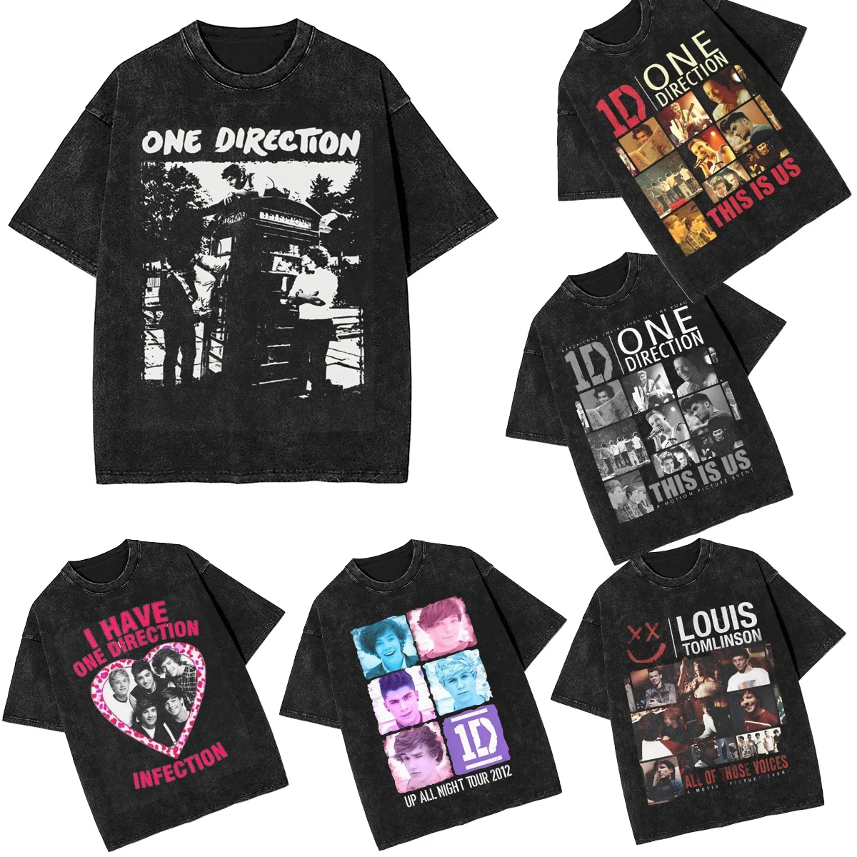 Vintage Ones 1D Directions  Washed T Shirts Streetwear Hip Hop Novelty T-Shirt  Tees Tops Men Women Cotton High Street Summer