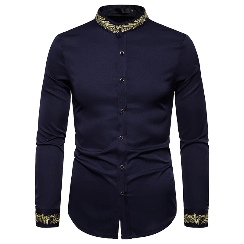 Chemise Brodée à Manches sulfpour Homme, Col Montant, Décontracté, Boutonné, Vintage, Nouvelle Collection