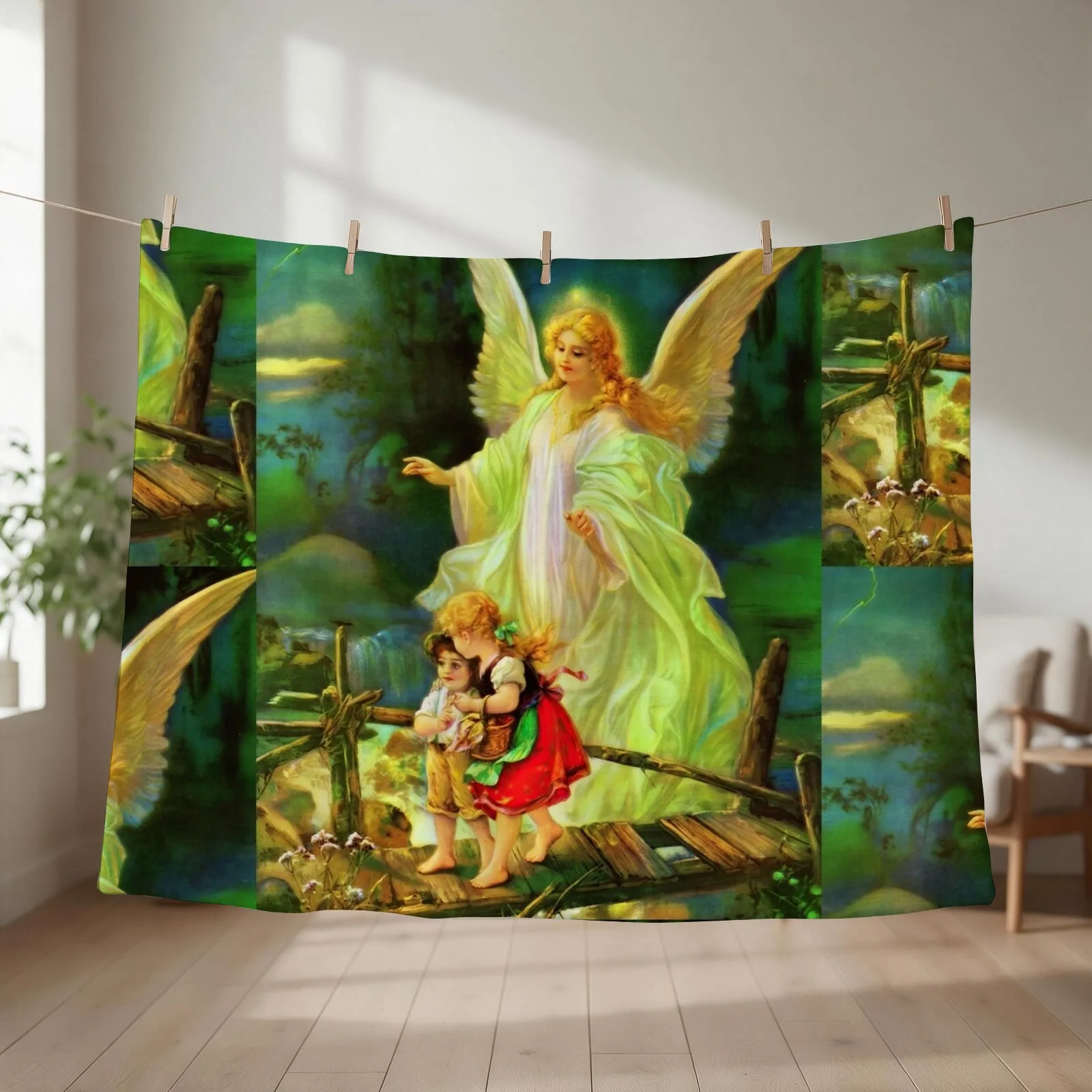 Guardian Angel and Children on the Bridge Vintage Catholic Throw Blanket Luxury St Softest Bed linens Blankets