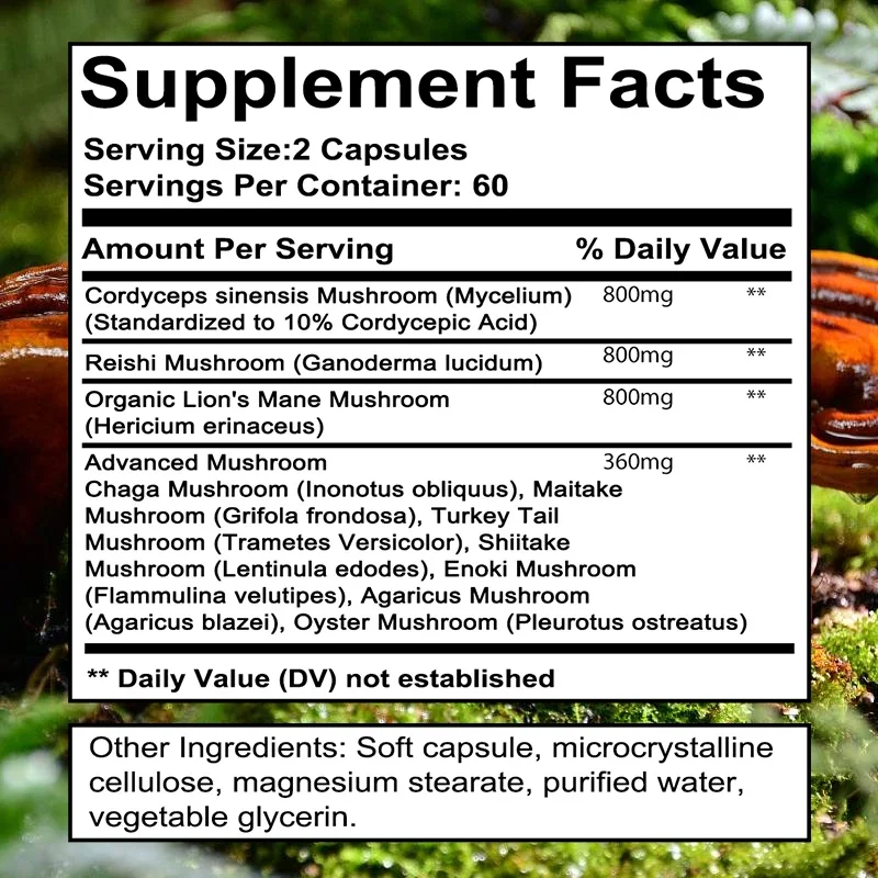 Energy Mushroom Capsules - Lion\'s Mane Mushroom Cordyceps Sinensis Reishi - Brain Supplement, Immune Energy Mood Stress Support