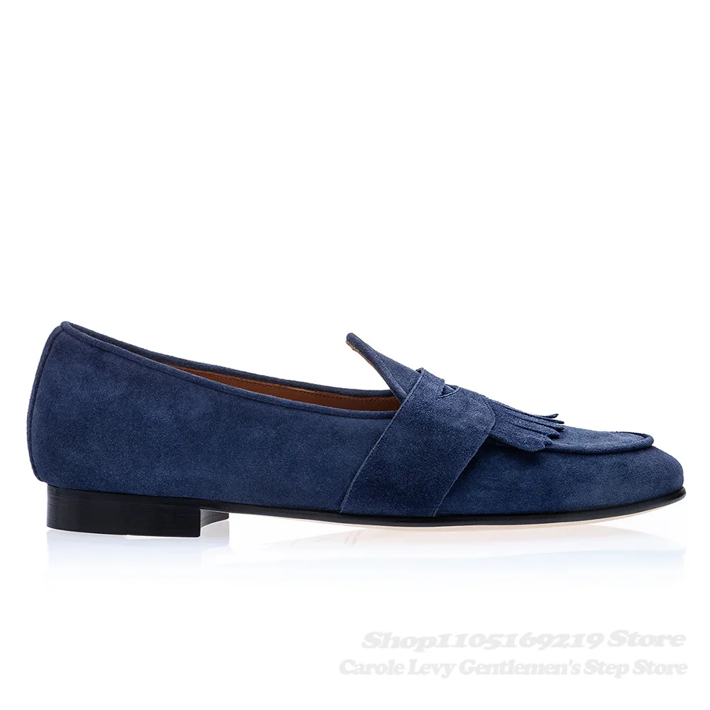 Navy Blue Suede Loafers Men Round Toe Leather Fringed Decoration Slip On Soft Sole Non-Slip Elegant Handcrafted Single Shoes