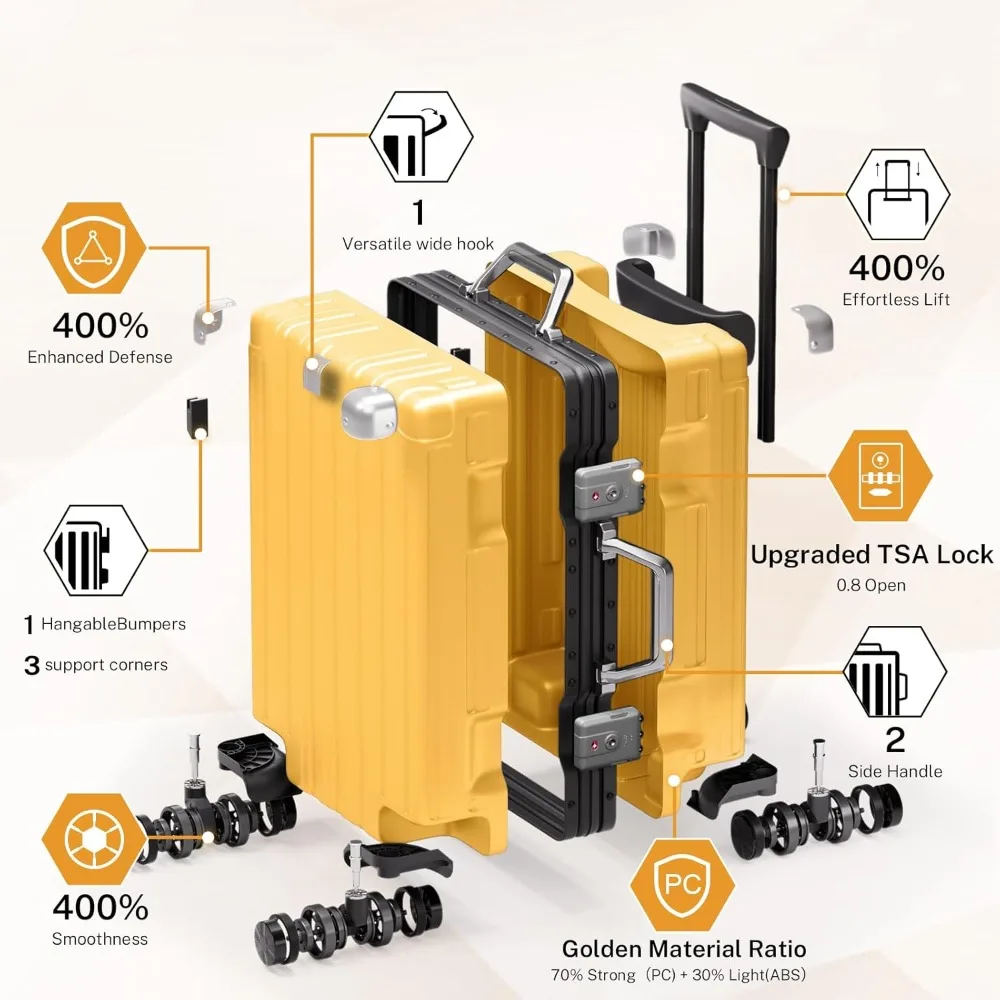 20 Inch Aluminum Frame Spinner Luggage with TSA Lock, Hardshell PC+ABS, No Zipper, Carry On Suitcase for Travel