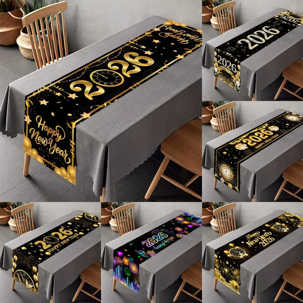 2026 Happy New Year Table Runner Fireworks Champagne Polyester Table Cover For New Year Party Kitchen Dining Table Decorations