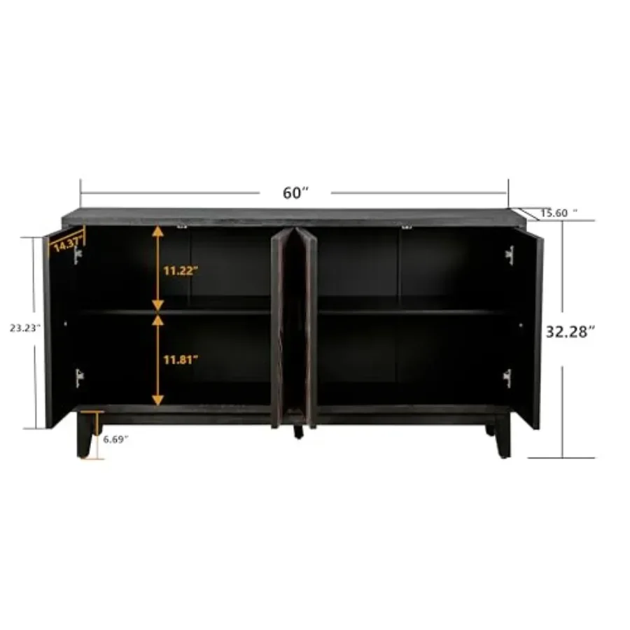 Sideboard Buffet Cabinet for Kitchen and Dining Room Use, Solid Wood Construction, Natural Wood Color, Featuring 4 Convex Diamo