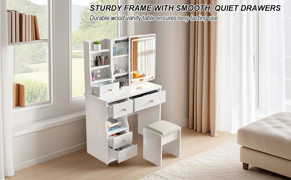 Vanity Desk Makeup Vanity Desk with Sliding Mirror and Lights, Makeup Vanity Set with Drawers, Stool and Open Shelves, 3 Color Lighting Modes Brightness Adjustable Dressing Table for Bedroom