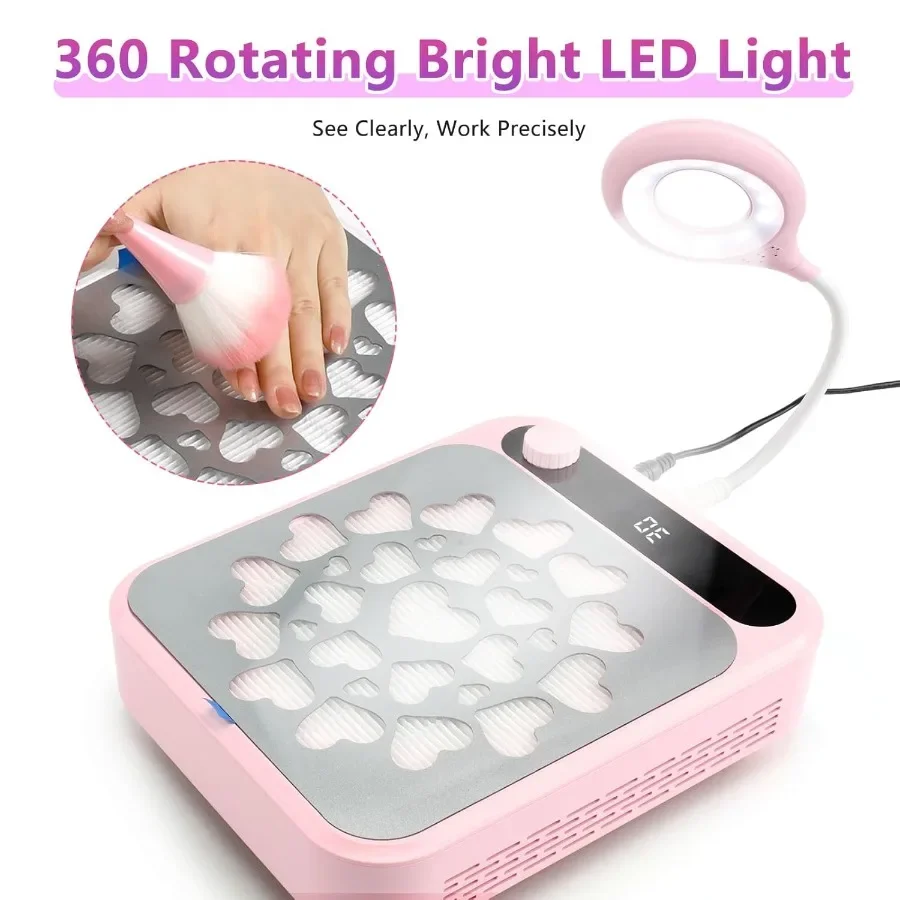 เครื่องดูดฝุ่นเล็บพร้อมไฟ LED 2 ชิ้น ฟิลเตอร์แบบใช้ซ้ำได้ แปรงทำความสะอาด พัดลมดูดฝุ่นเล็บ