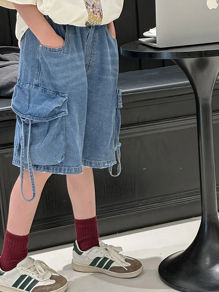 girls-summer-denim-shorts-five-button-casual-pants-ribbon-detail-children's-clothing-straight-leg-cotton-blend-mid-waist-elastic