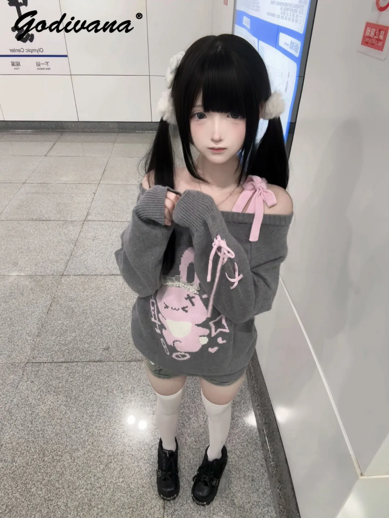 Autumn and Winter Cute Girls Sweet Off-the-shoulder Gray Pink Strappy Lace Pullover Sweater Women's Knitwear Knitted Tops