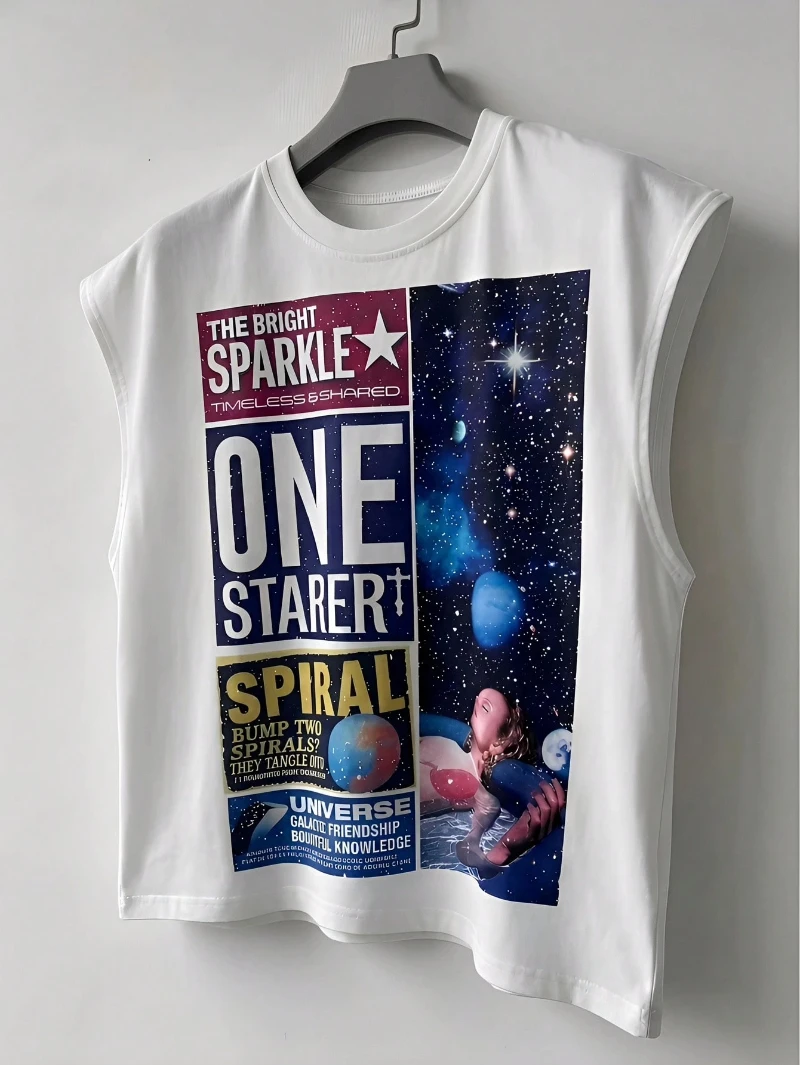 Men's Vintage American Style Loose Cropped Tank Top Space Tshirt Graphic Tee Graphic Tees for Men Rapper T Shirt Tshirt