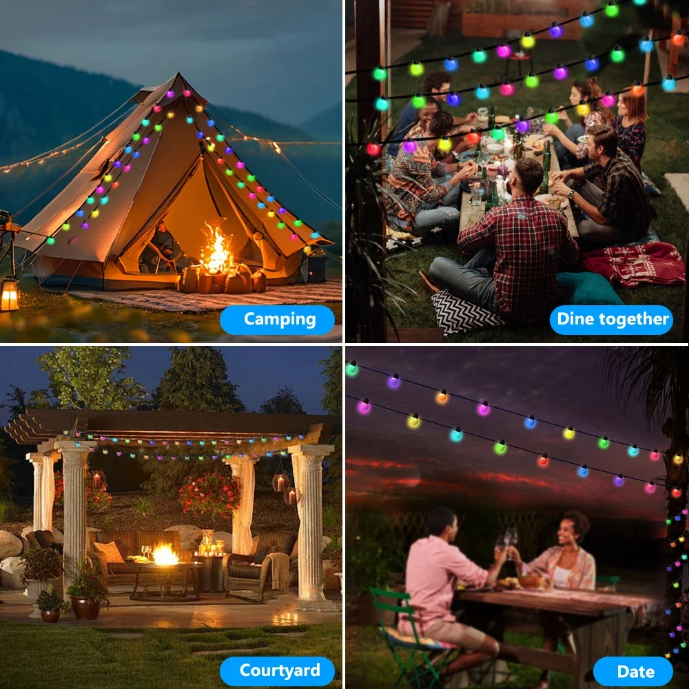 Smart APP Outdoor RGB-lichtslingers 33Ft terrasverlichting Dimbare RGB LED-lampen Kleur veranderende hanglampen voor kerstfeest