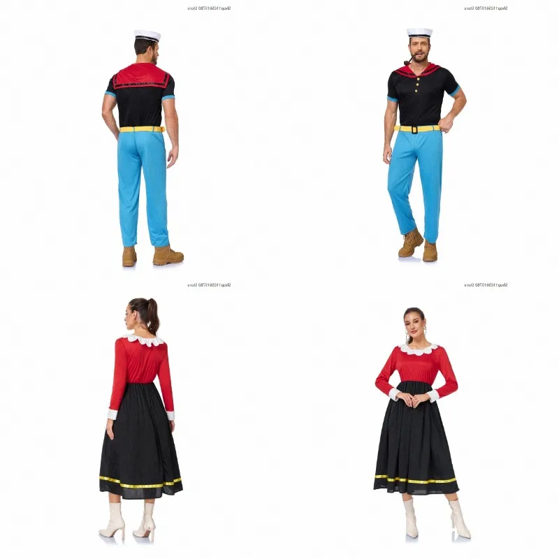 2026 Halloween Popeye Cosplay Kostüm Matrosen-Paar-Uniform-Set Karnevalsparty-Outfit Damen Herren Oberteil Hose und langes Kleid