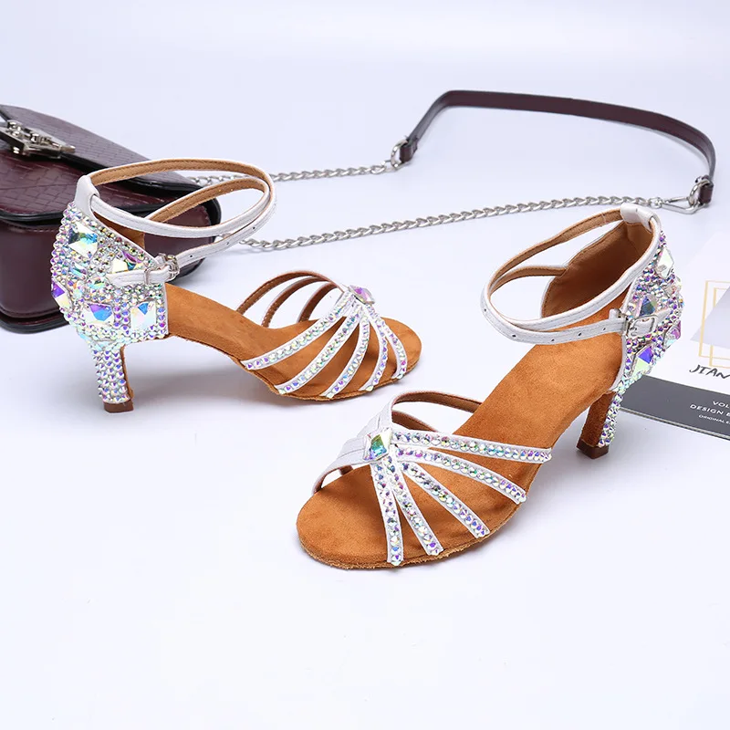 Ballroom Latin Dance Shoes Ladies Girls New Silk Satin Shiny Rhinestone Cuban High Heels Party Salsa Dance Shoes Women