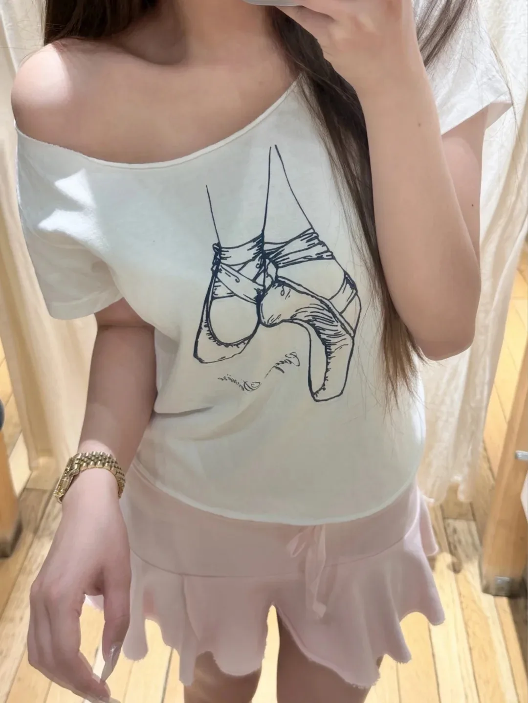 Sweet Ballet Shoes Print Crop Top Women White Slim Raw Hem Slash Neck Short Sleeve Tee Cute Simple Preppy Style Cotton Tshirt