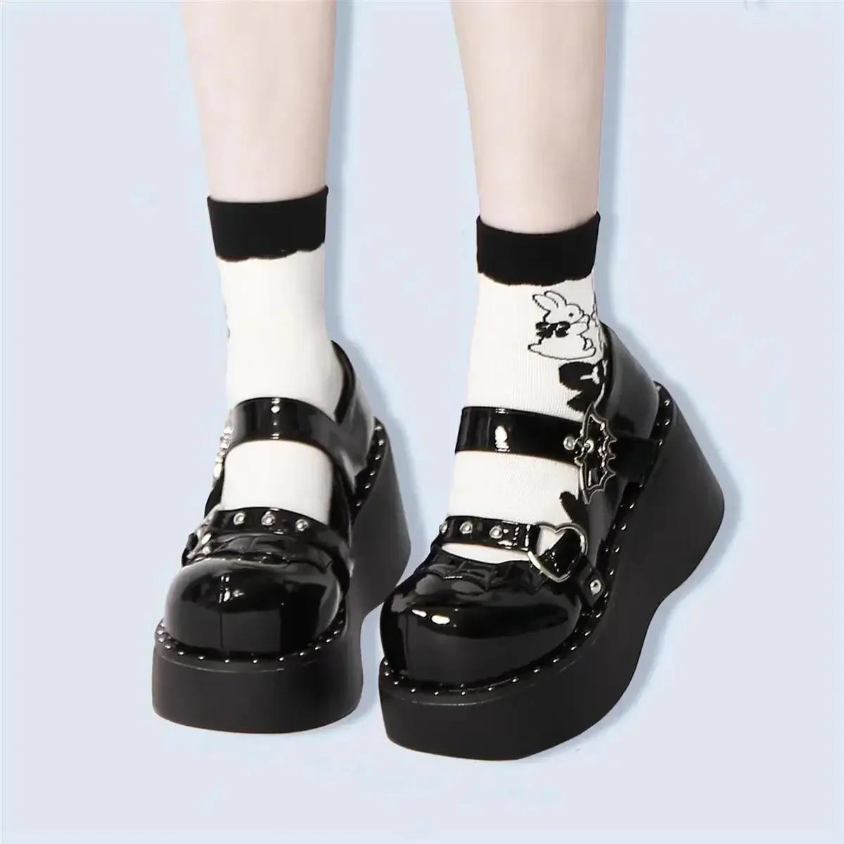 Sepatu pump wanita Mary Jane, sepatu Platform dekorasi Metal, sepatu hak datar, sepatu wanita Wedge Lolita, sepatu Gotik Harajuku Punk