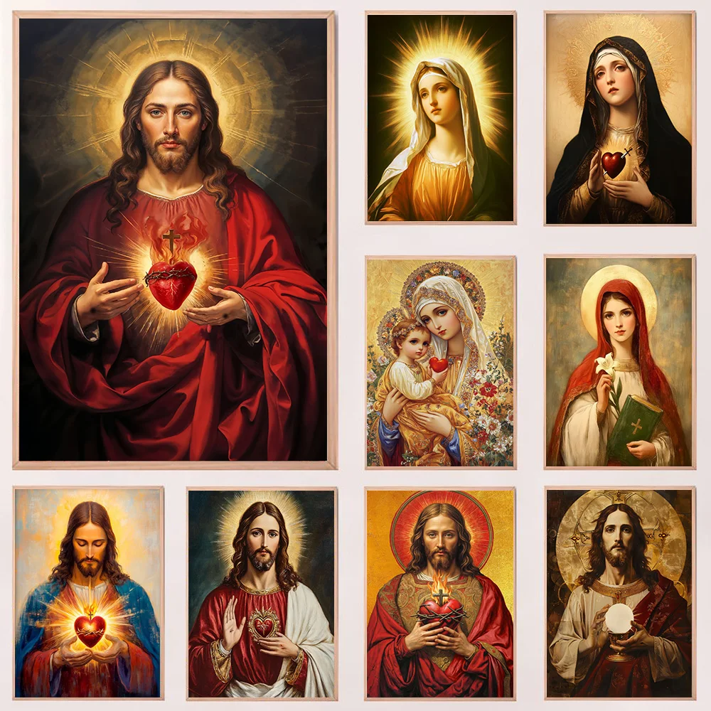 

Christian Sacred Heart Jesus Art Posters Prints Catholic Pure Virgin Mary Diamond Painting Religious Believers Bedroom Home De