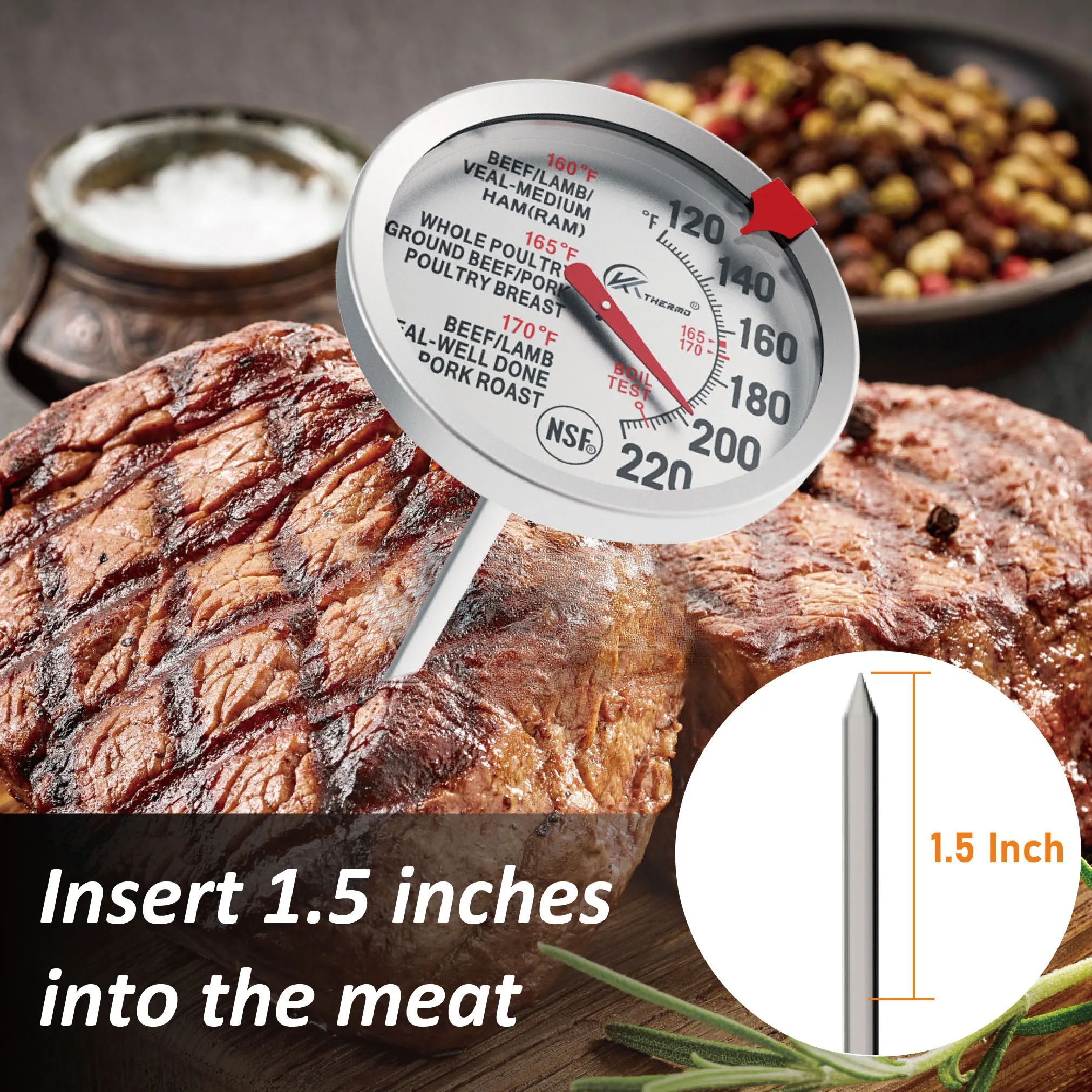 Oven Meat Cooking Thermometer with Silicon Mat NSF Approved Large Dial Oven Thermometer,2.6 Inch Dial Meat Thermometer Safe Leav