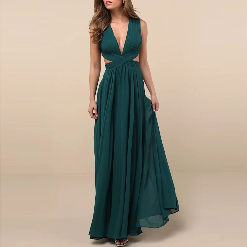 

Elegant Custom Made Emerald Green Chiffon Sleeveless Deep V Neck Waist Cutout Maxi Dress Women's Formal Bridesmaid Evening Gown
