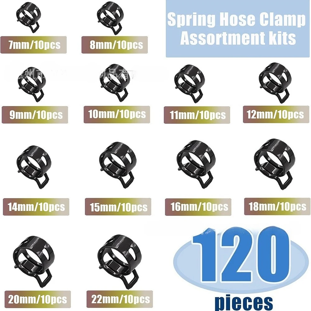 120PCS Boxed 65Mn Spring Hose Clamp Kit, Dacromet Elastic Hose Clips with Hose Clamp Plier