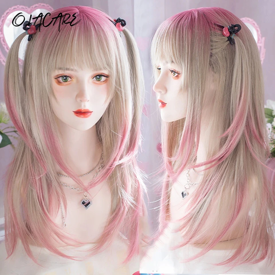 

Long Natural Wavy Platinum Blonde Pink Wigs with Bangs Cosplay Party Lolita Synthetic Wigs for Women Heat Resistant Fiber