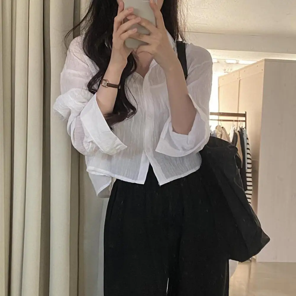 

Casual Shirt Single Breasted Anti-pilling Pleated Style Solid Color Sunscreen Shirt Anti-fade Women Shirt Streetwear