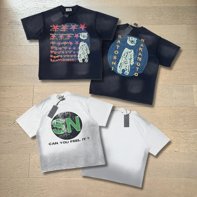 Retro SATOSHI Short Sleeve Tshirts High Street Glitter Print Cotton Tee Top Men Women Graphic T Shirt