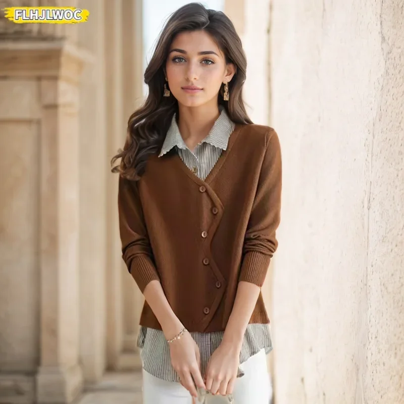 

Patchwork Fake Two Pieces Tops Pullovers Jumpers 2024 Women Cute Japan Girls Retro Vintage Autumn Winter Basic Shirts Sweaters