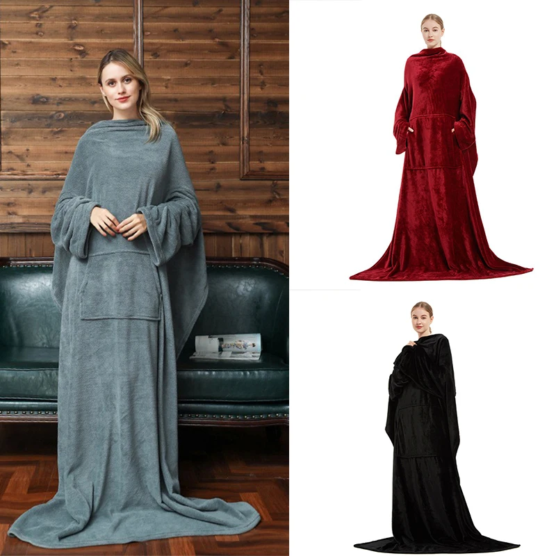 Super Long Flannel Blanket With Sleeves Winter Hoodies Sweatshirt Women Pullover Fleece Giant TV Blanket Oversized Gown Femme