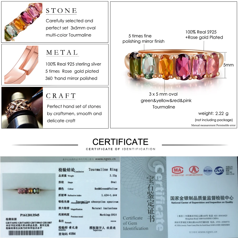 LAMOON 100% Real Natural 6pcs 1.5ct Oval Multi-color Tourmaline Ring 925 Sterling Silver Jewelry with  S925 LMRI005
