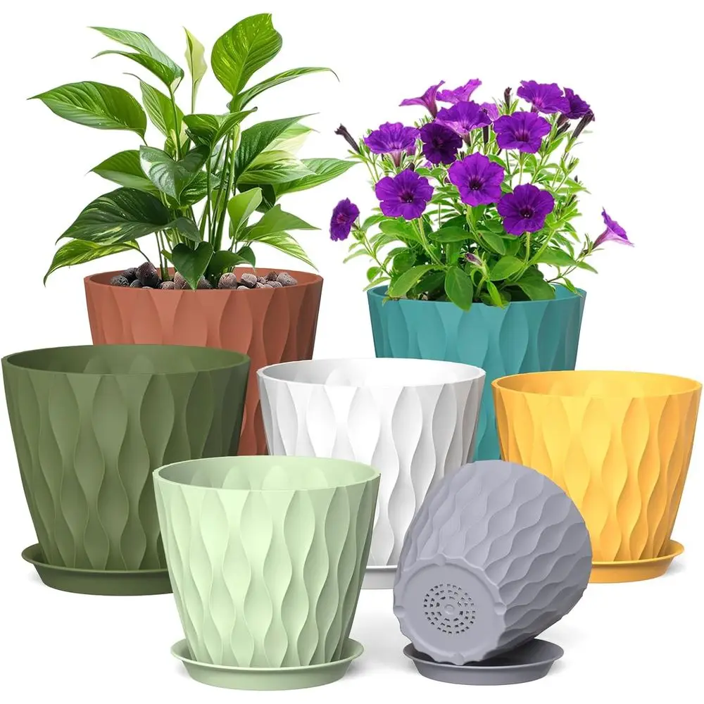 7/6.5/6/5.5/5/4.5/4 Inch Multicolored Thick Plastic Plant Pots with Drainage and Saucers, 7 Pack, Suitable for Indoor and Outdoo
