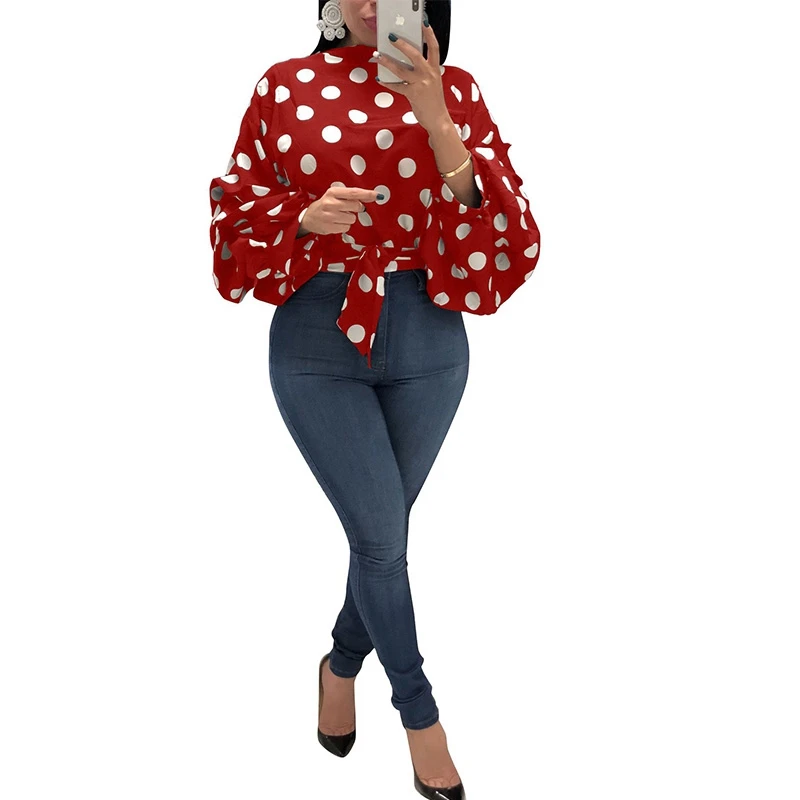 Mode Polka Dot Blouse Shirt Vrouwen Tops En Blouses Elegante Lange Lantaarn Mouwen Chiffon Top Streewear Vrouwen Herfst Blouse