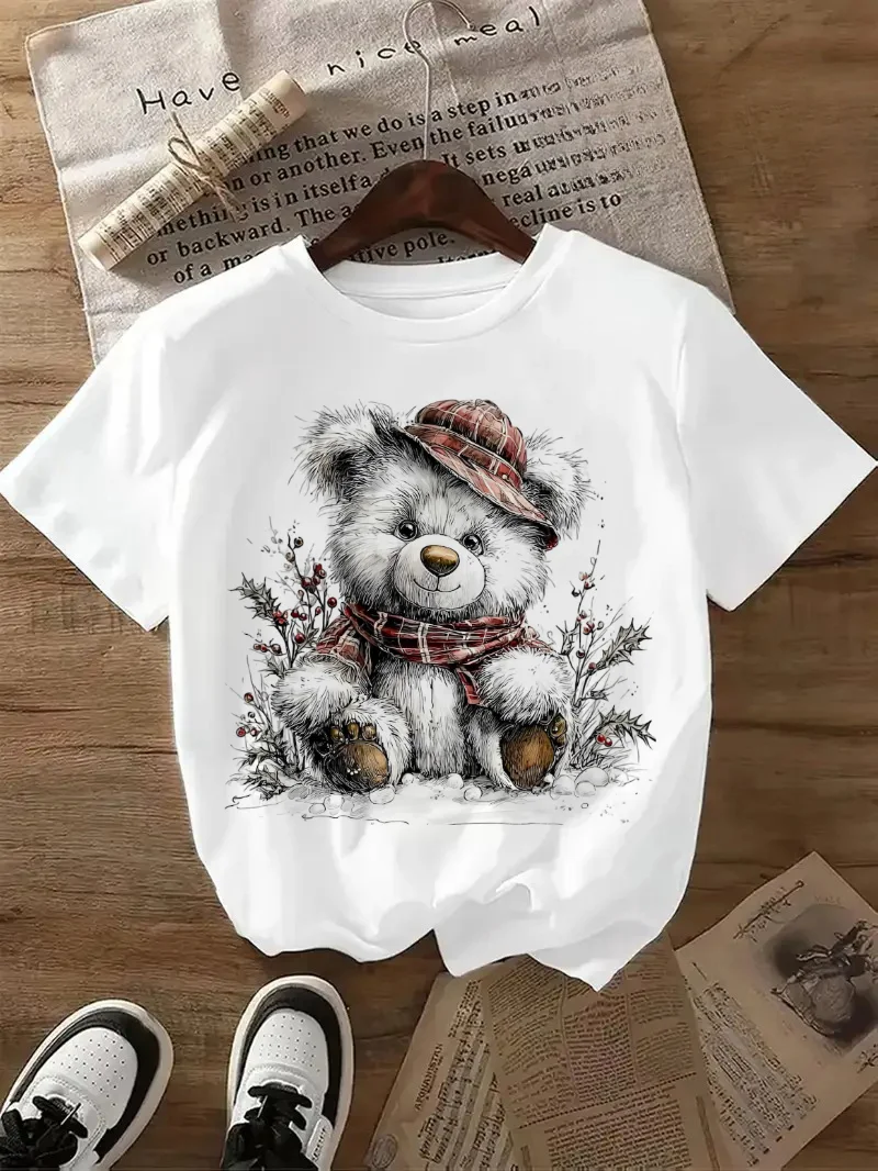 

Повседневная футболка в клетку с принтом в стиле ретро, футболка с рисунком медведя, белый топ, стильная милая женская простая уличная футболка с короткими рукавами и круглым вырезом