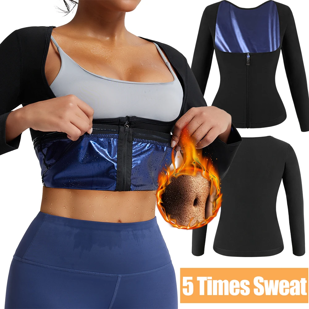 

Women's Long Sleeve Zipper Sauna Sweat Shirt Waist Trainer Vest Compression Tank Top Body Shaper for Weight Loss Workouts Black