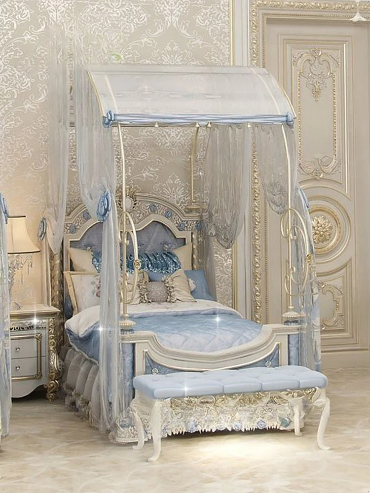 Tempat tidur putri mewah bergaya neoklasik dari kayu solid, impian anak perempuan, ukuran 1,5 meter