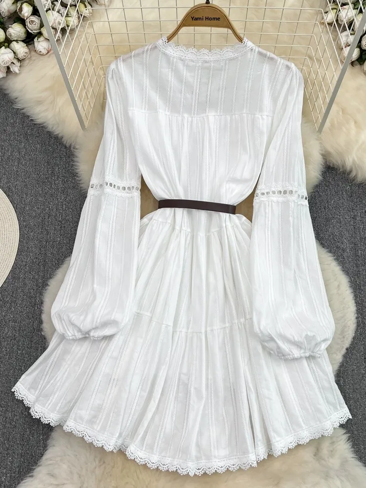 Weiße Spitze, ausgehöhlte Taille, geraffte Puppe, Dr. Long Sve Beach Vaion, Feenrock, koreanischer Stil, rund, hohe Taille, A-Li...