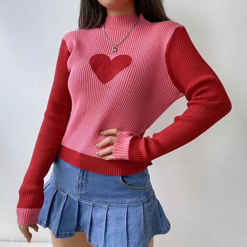 

New Winter Half Turtleneck Spell Color Pullover Sweater, Women's Fashion Heart Pattern Slim-fit Thick Long-sleeve Knit Sweater