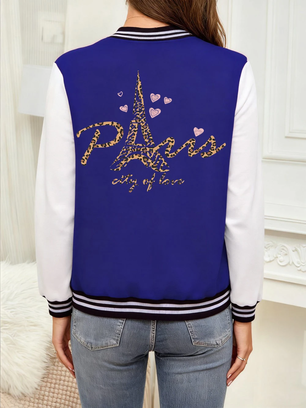 

Париж Город любви, бейсбольный трикотаж с леопардовым принтом, женские повседневные пальто с карманами, зимние флисовые теплые куртки, базовая спортивная одежда