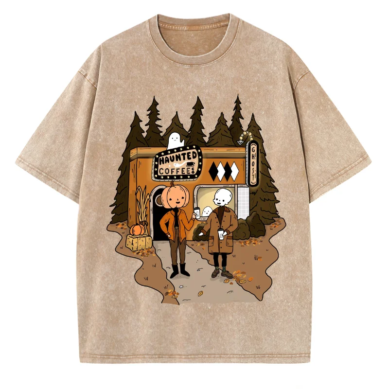 Halloween Pumpkin Print Spoof T-Shirt Ladies Washed Oversized Stretch Short Sleeve Arajuku Style American Vintage Top