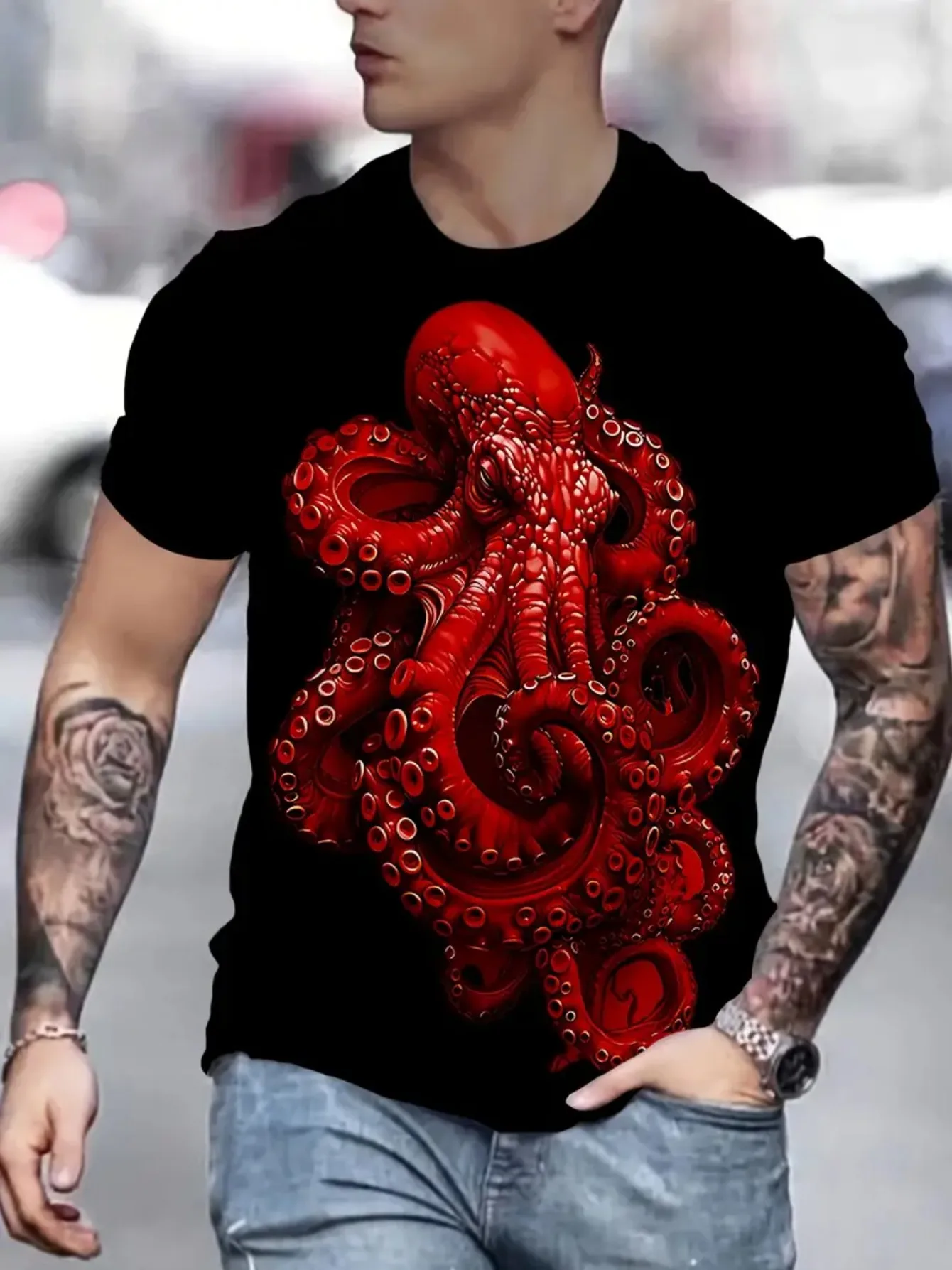 [Crew Neck T-Shirt] T-Shirt, Crew Neck in Black with Whimsical Print - Ideal for Casual Wear, Gardening Clothes, Black & White Print, Regular Fit, Short Sleeve, Round Neck for Men & Women Perfect As A Halloween, Christmas, Thanksgiving