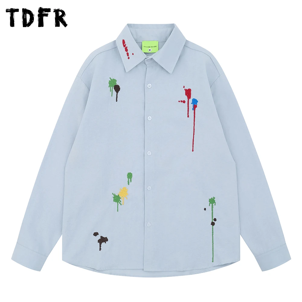 Creative Embroidery Long Sleeve Shirts Mens Autumn Retro Casual Single Breasted Loose Lapel Cotton Shirts Man