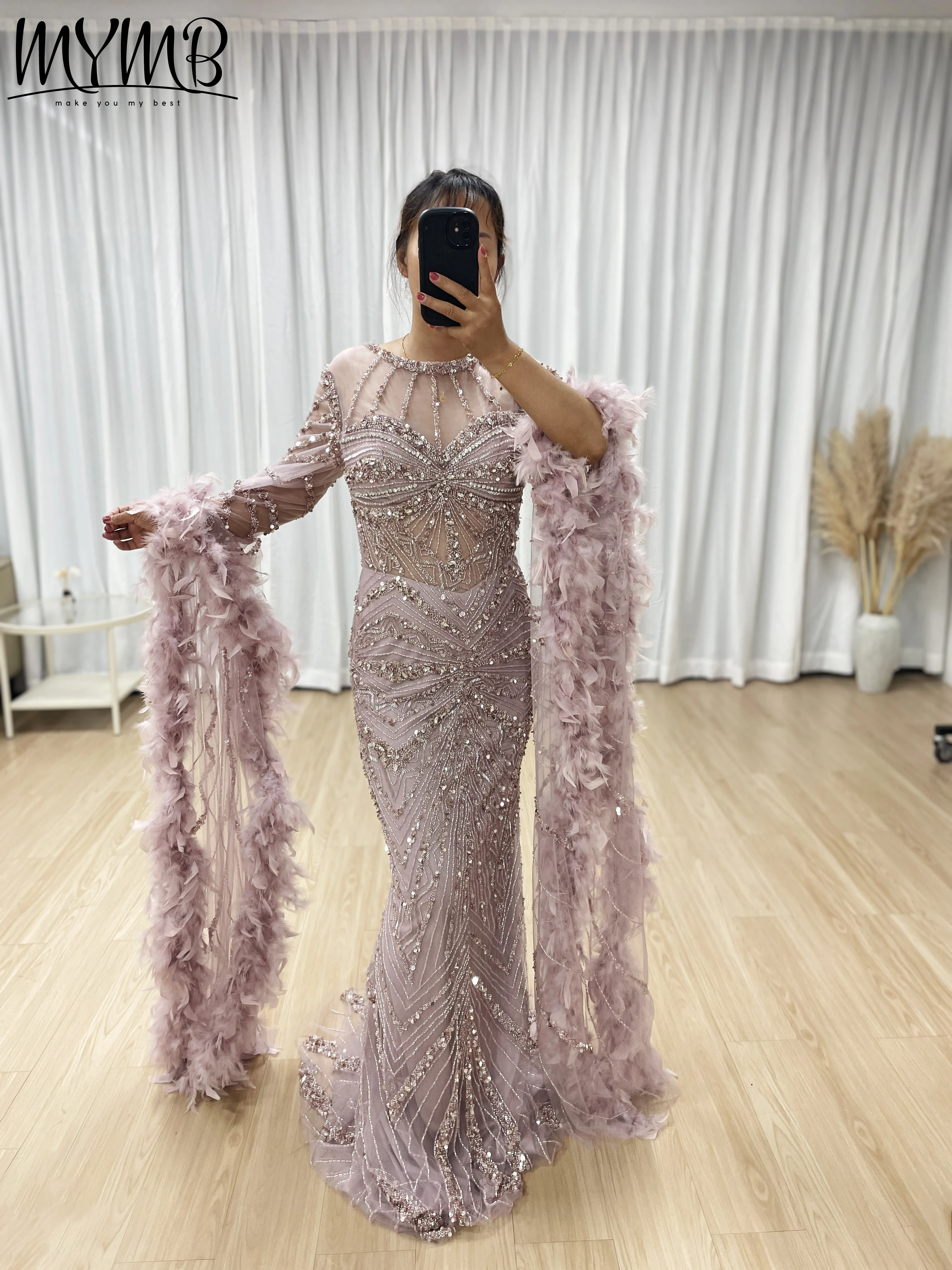 MYMB new Luxury Pink Caramel Beaded Mermaid Evening Dress with Feather Cuffs  for Women Formal Occasion Customize MB40389