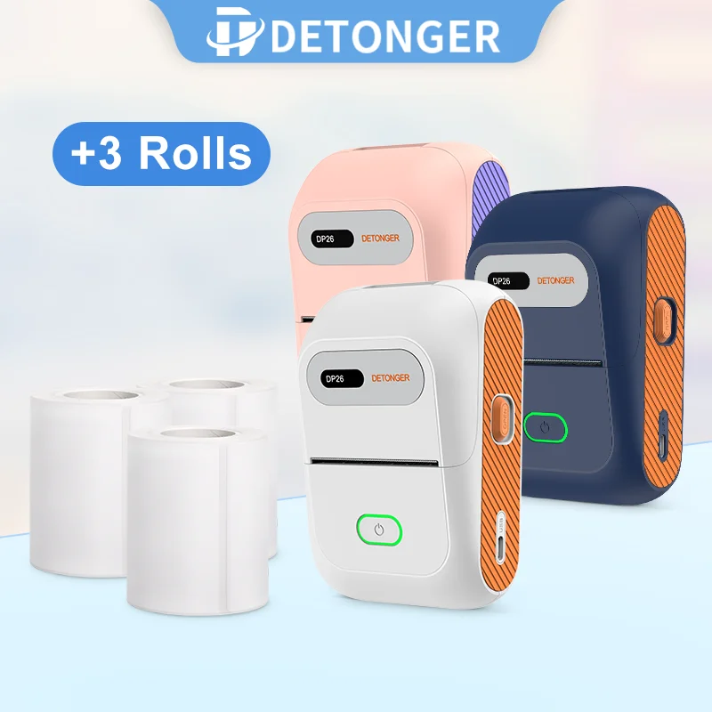 

DETONGER DP26 Thermal Label Printer +3 Rolls Adhesive Paper Portable Wireless BT Office Business Label Maker