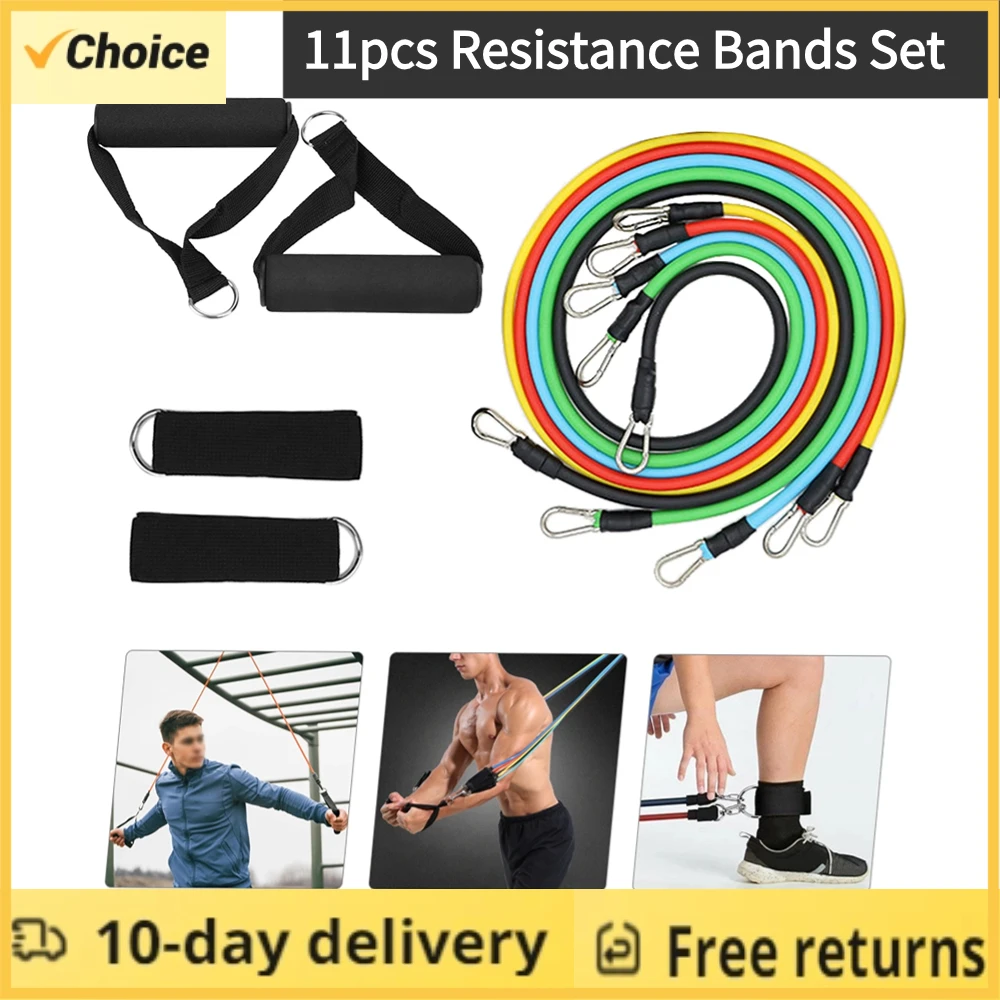 11pcs Resistance Bands Set Workout Fitness Exercise Tube Bands Door Anchor Ankle Straps Cushioned Handles with Carry Bags