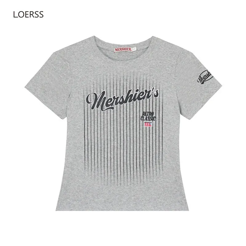 LOERSS Letter Printed T-shirt Stripe Vintage Crop Top for Women's Hot Gril Slim Short Sleeve Y2K Harajuku Tops Cotton Short Tee