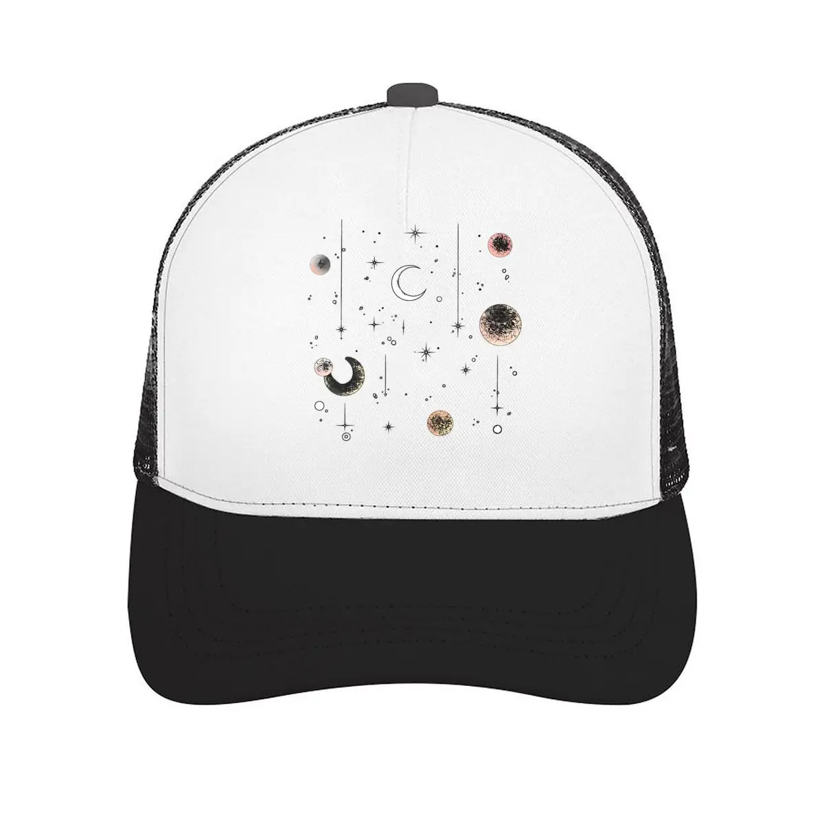 Moon Stars Celestial Cosmic Night Sky Crescent Circle Abstract Pattern Mesh Baseball Cap Casual Hat For Womens Unisex Female