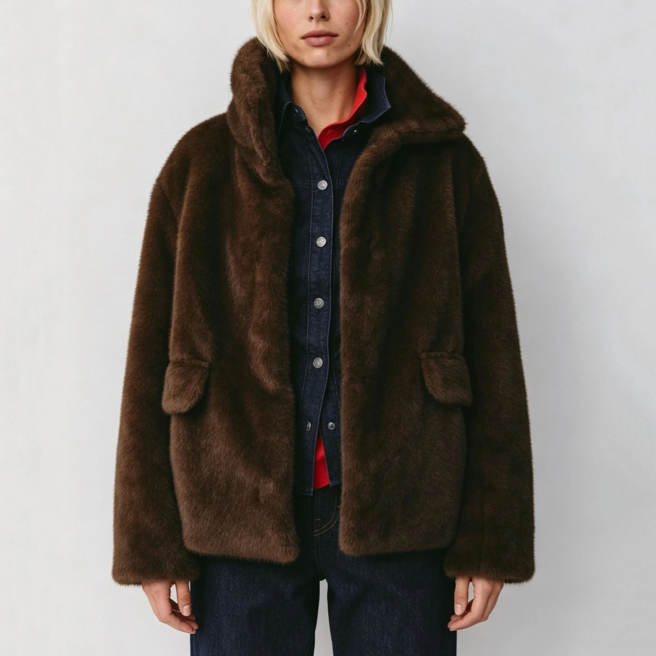 RU 2026 Women Faux Fur Coat High Collar Long Sleeve Loose Warm Thick Jacket Autumn Winter Fashion Outerwear