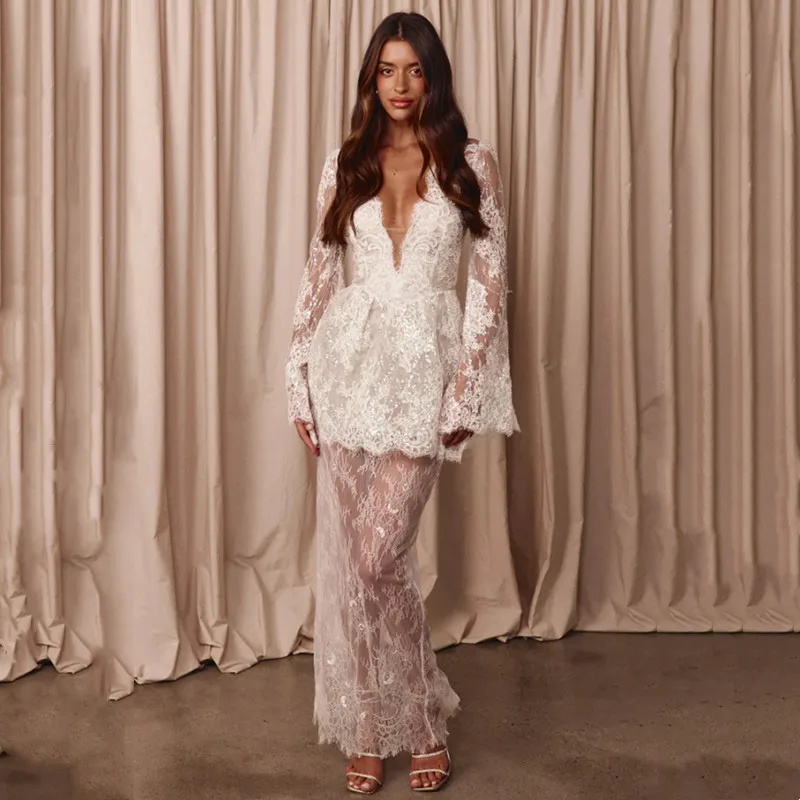 

Luxury Sheath Lace Appliques Wedding Dress Exquisite Long Sleeves Sexy V-Neck Pleat Sequined Illusion Backless Zipper Customized