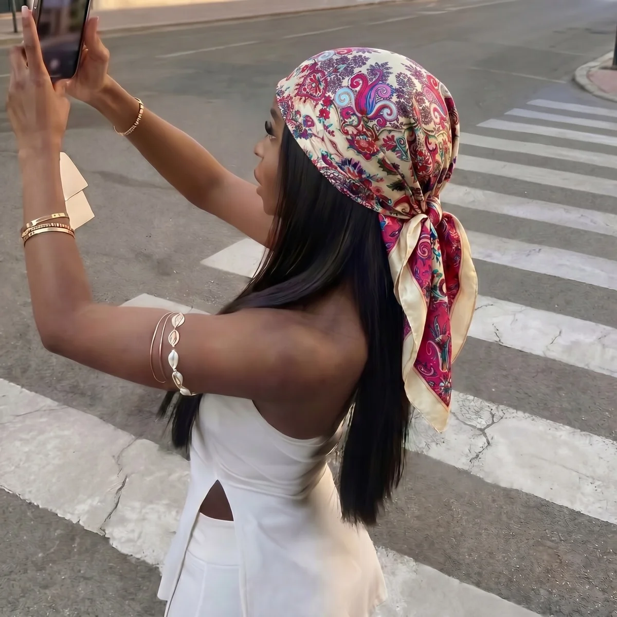 New Silk Shawl Square Scarf for Women Print 90cm Headband Foulard Satin Hijab Hair Bands Neckerchief Female Head Wraps Bandana view 4